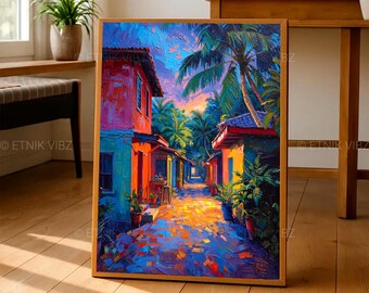 Può includere: Un dipinto ad olio incorniciato raffigura una vivace scena di strada con edifici colorati e palme. L'opera d'arte presenta una calda tavolozza di rossi, arancioni e blu, creando un'atmosfera tropicale. Il dipinto è esposto su un pavimento in legno.