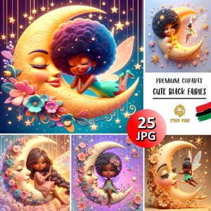 25 graziosi set di clipart di ragazze nere in formato JPG, stampe di gioia di ragazze nere, fata nera, clipart afroamericane, magia di ragazze nere, arte murale di ragazze nere