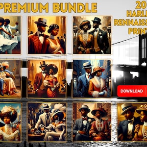 May include: A digital collection titled PREMIUM BUNDLE 20 HARLEM RENAISSANCE PRINTS featuring eleven distinct illustrations of couples in vintage formal attire, including suits, top hats, and elegant dresses, displayed against a bridge silhouette.