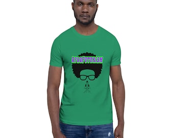 May include: A green t-shirt with a black silhouette of a person with an afro wearing glasses and a rocket ship in front of their face. The text "AFROFUTURISM" is above the silhouette in green and purple.
