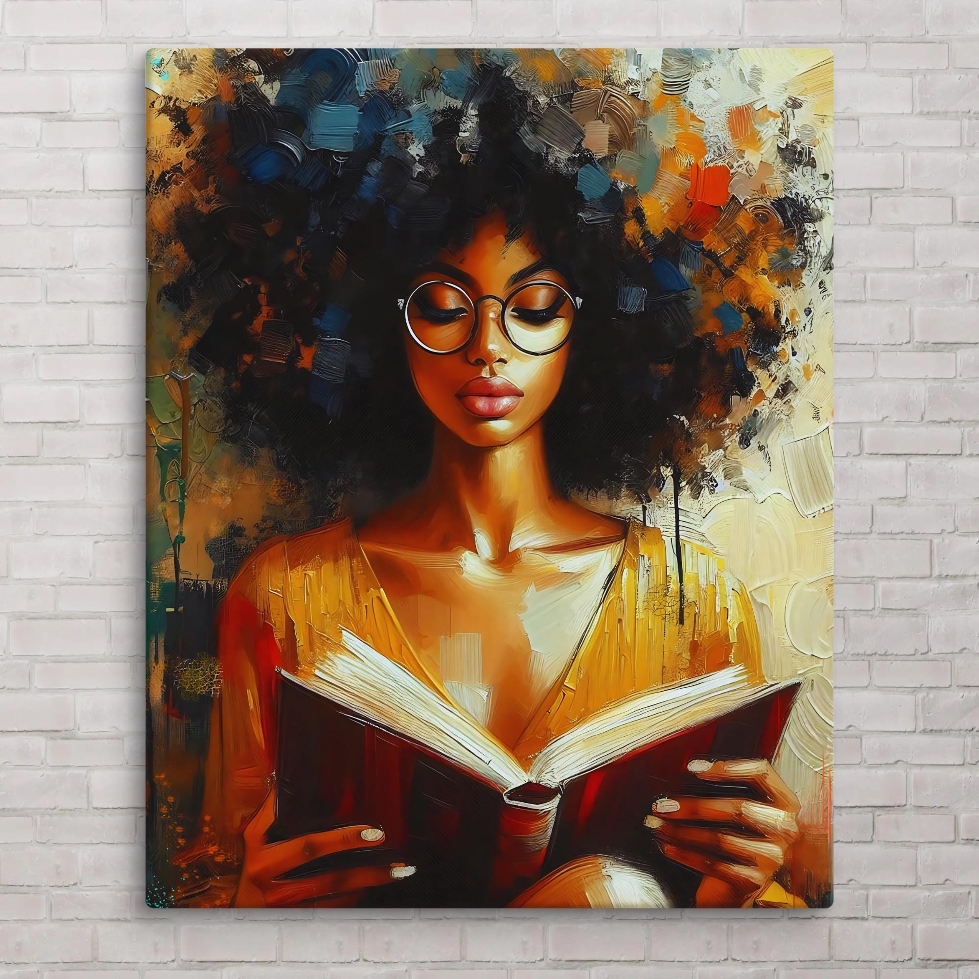 Black Woman Canvas, Afro Canvas, Black woman Reading, African American art, Melanin Art, Afro Canva style, Black Woman Art, Black Artists