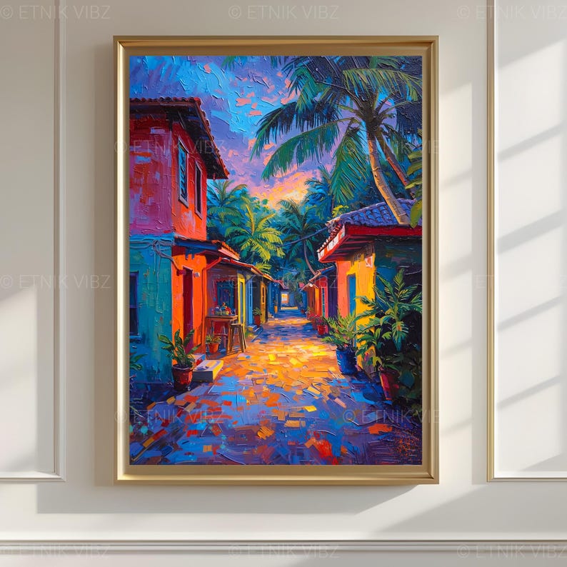 Pu&ograve; includere: Una stampa artistica incorniciata raffigurante una vivace scena di strada tropicale. L'opera presenta edifici colorati in tonalit&agrave; di rosso, arancione e giallo, con lussureggianti palme verdi. Il cielo passa dal blu all'arancione, creando un'atmosfera calda.