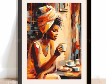 Black Woman Enjoying Her Coffee Wall Art | Girl with Coffee Poster | Afro Wall Art | African American Art | Black Love | Black Woman Print