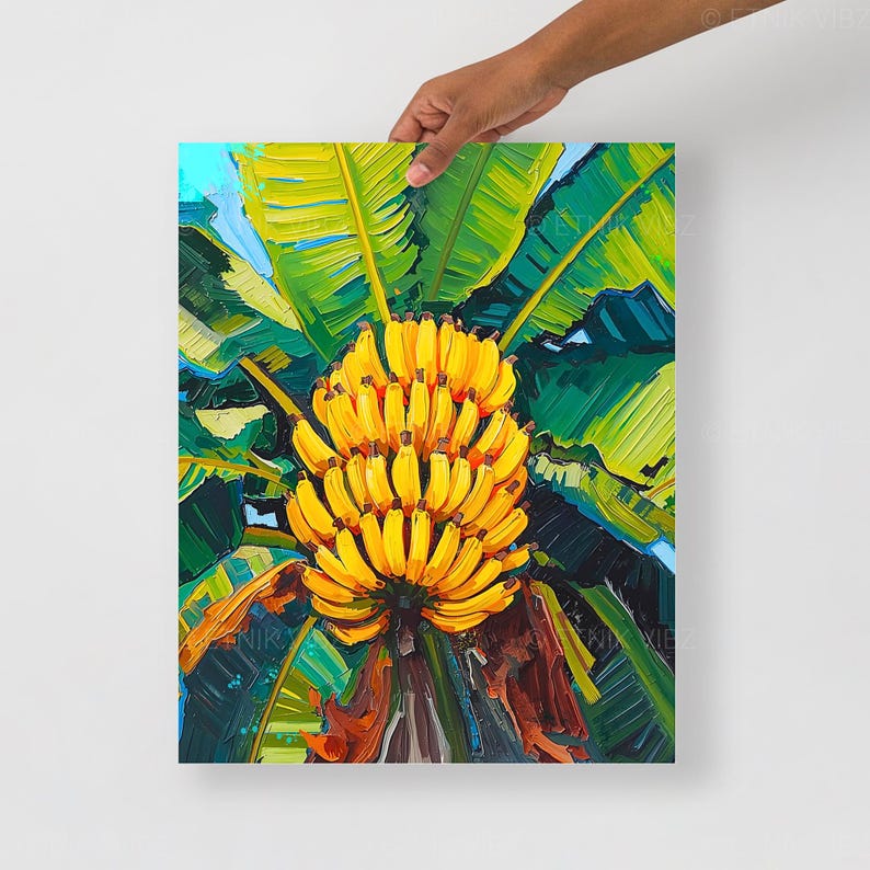 May include: A colourful painting depicting a cluster of yellow bananas, contrasted by vivid green banana leaves. The artwork uses bold brushstrokes and has a tropical theme, with glimpses of blue sky visible.