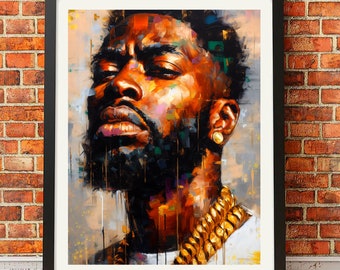 May include: A framed painting of a man with a beard and gold chain. The painting is done in a colorful, abstract style.
