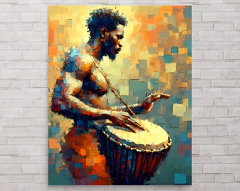 May include: A painting of a person playing a drum. The person is shirtless and has a dark complexion. The drum is brown and has a yellow top. The background is a mix of yellow, orange, and blue.