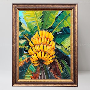 May include: A framed painting depicting a cluster of yellow bananas set against lush green banana leaves. The artwork is presented within a decorative, gold-coloured frame. The painting's vibrant colours and detailed brushstrokes create a tropical feel.