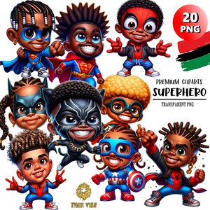 20 graziosi PNG Black Boy Superhero ClipArt Set, Stampe di Black Boy, Download immediato, Clipart afroamericani, Black Boy Rock, Design a sublimazione