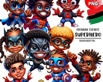 20 Cute PNG Black Boy Superhero ClipArt Set, Black Boy Prints, Instant download, African American Clipart, Black Boy Rock,Sublimation design