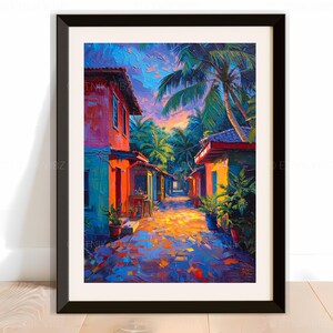 Pu&ograve; includere: Una stampa d'arte incorniciata che raffigura una vivace scena di strada con edifici colorati nelle tonalit&agrave; del rosso, arancione e giallo, circondati da rigogliose palme verdi sotto un cielo al tramonto, con il testo ETNIK VIBZ visibile.