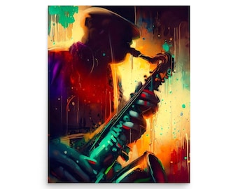 Könnte beinhalten: Ein farbenfrohes abstraktes Gemälde einer Person, die Saxophon spielt. Das Gemälde ist in einem Stil gehalten, der an Aquarell erinnert, mit Farbspritzern und Farbtropfen. Die Person ist vor einem Hintergrund aus Gelb, Orange und Rot silhouettiert.