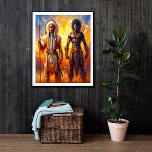 Framed colorful painting of a Native American warrior and an African warrior hanging on a dark wood slat wall above a wicker basket with books and a blanket, next to a tall potted plant.