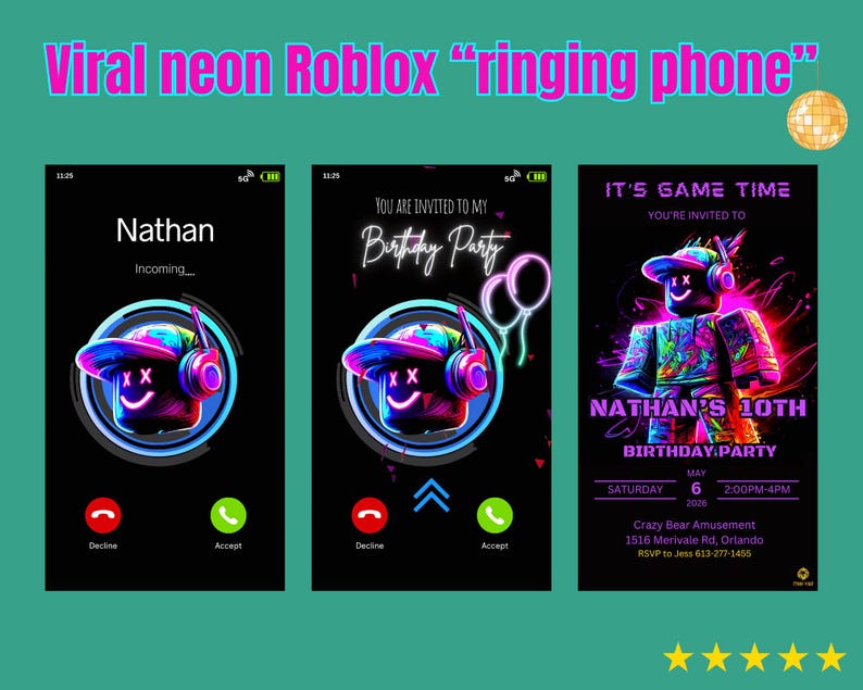 Personalized Roblox Ringing Phone Video Birthday Invitation | Funny Animated Neon Roblox Invite | Custom MP4 Sent to You in 24h