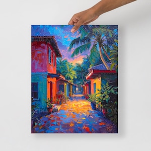 Pu&ograve; includere: Un dipinto vibrante raffigura una scena di strada tropicale. Edifici colorati nei toni del rosso, arancione e turchese costeggiano il sentiero, con lussureggianti palme sopra. L'opera cattura la calda luce di un tramonto, creando un'atmosfera vivace e invitante.