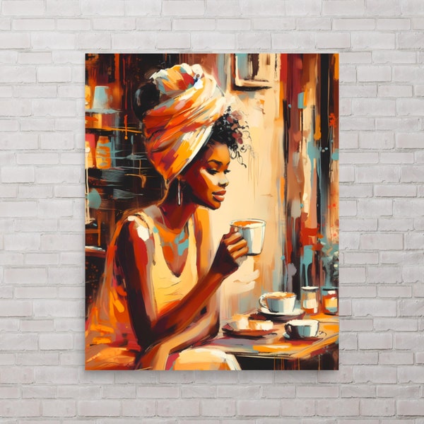 Black Woman Enjoying Her Coffee Wall Art | Girl with Coffee Poster | Afro Wall Art | African American Art | Canva style | Black Woman Print