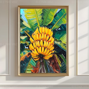 May include: A framed painting depicting a cluster of yellow bananas, set against green banana leaves. The artwork has a textured, impressionistic style, with visible brushstrokes. The frame is gold. The painting is a vibrant depiction of tropical fruit.