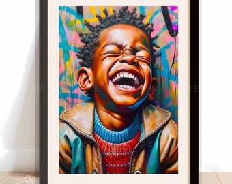 Black Boy Art Poster, Joyful Portrait With Colorful Graffiti Background, Matte Paper Print