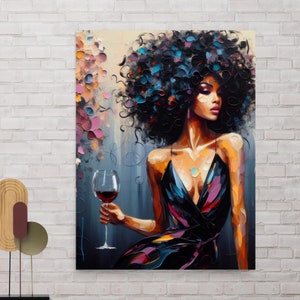 Woman and her glass of Wine Wall Art Poster | Girl With Wine Art | Afro Wall Art |African American Art | Black Woman Print