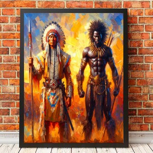 Framed colorful painting of a Native American warrior with a headdress holding a spear standing next to an African warrior, displayed on a brick wall above a white wooden floor.