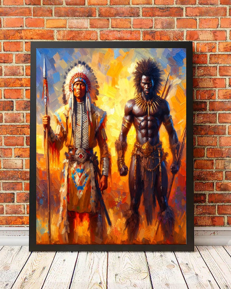 Framed colorful painting of a Native American warrior with a headdress holding a spear standing next to an African warrior, displayed on a brick wall above a white wooden floor.