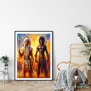 Framed vibrant painting of a Native American warrior and an African warrior hanging on a white wall beside a wicker chair with a gray blanket and a potted plant.