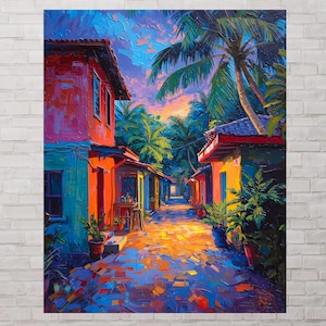 Pu&ograve; includere: Vivace pittura a olio di una scena di strada tropicale. Edifici con pareti rosse, arancioni e blu costeggiano un sentiero acciottolato. Palme e vegetazione lussureggiante incorniciano la vista, con un cielo di tramonto colorato sullo sfondo. L'opera evoca calore e tranquillit&agrave;.