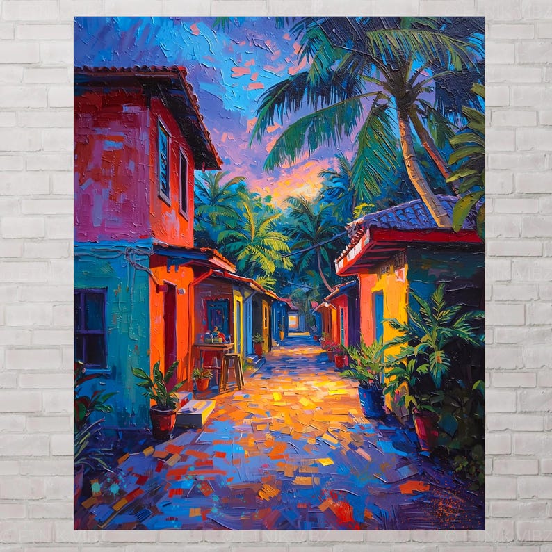 Pu&ograve; includere: Vivace pittura a olio di una scena di strada tropicale. Edifici con pareti rosse, arancioni e blu costeggiano un sentiero acciottolato. Palme e vegetazione lussureggiante incorniciano la vista, con un cielo di tramonto colorato sullo sfondo. L'opera evoca calore e tranquillit&agrave;.