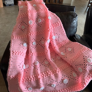 Comfy Soft Crochet Afghan/Throw/Blanket - Flowers (Baby Pink)