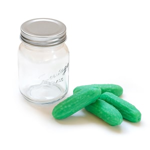 Set of 4 Cute Wax Pickles in a Glass Jar – Dill-icious Pickle Lover Decor, Pickle Lover Gifts, Pickle Accessories, Pickle Party Decorations