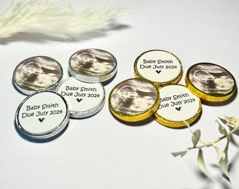 Personalized Baby Announcement Chocolate Coins, Baby Scan Photo