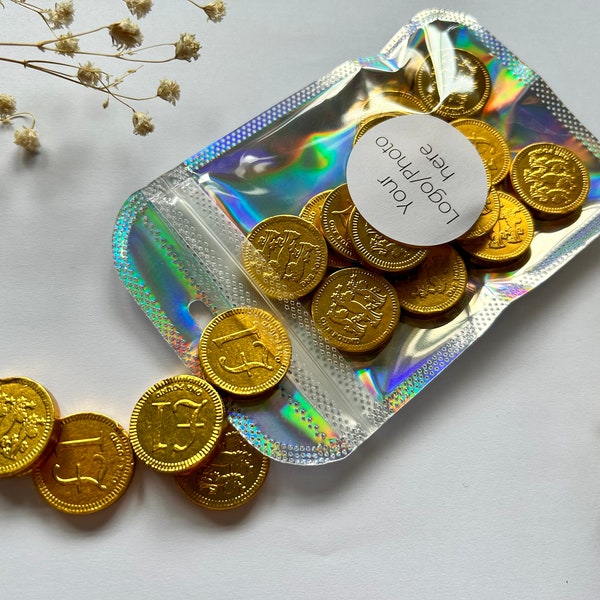 Personalised Logo/Photo Upload Chocolate Coins In Holographic Bags