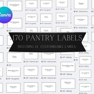 May include: A printable set of 170 pantry labels, including 14 customizable labels. The labels are white with black text and are organized in a grid pattern. The labels are numbered and include categories such as "Dry Goods", "Cans & Jars", "Baking", and "Misc".
