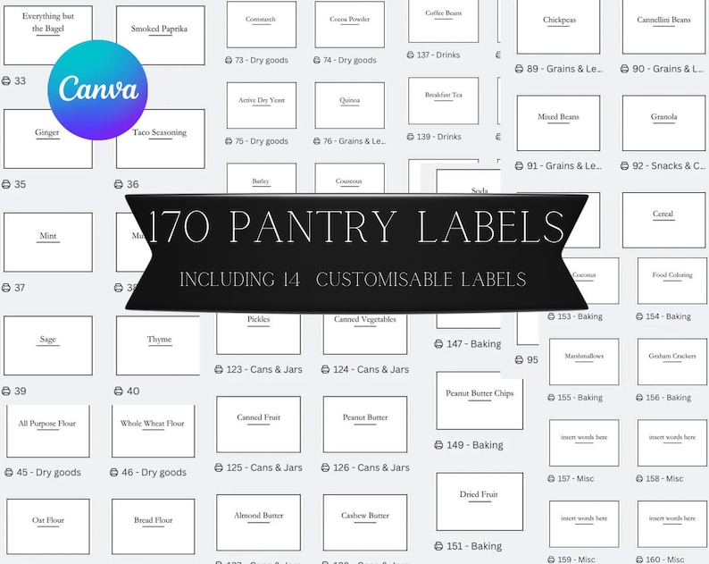May include: A printable set of 170 pantry labels, including 14 customizable labels. The labels are white with black text and are organized in a grid pattern. The labels are numbered and include categories such as "Dry Goods", "Cans & Jars", "Baking", and "Misc".