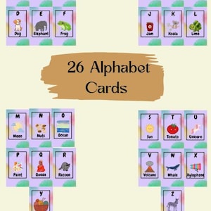 May include: Educational alphabet flashcards with colorful illustrations. Each card features a letter and a corresponding image, such as an apple, bear, or car. The set includes 26 cards, perfect for learning the alphabet.