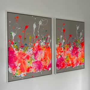 Conjunto de cuadros acrílicos de 2 pinturas en lienzo de arte abstracto dúo Colores neón Llamador de ojos colorido Diseño colorido único Elena's ARTelier imagen 1
