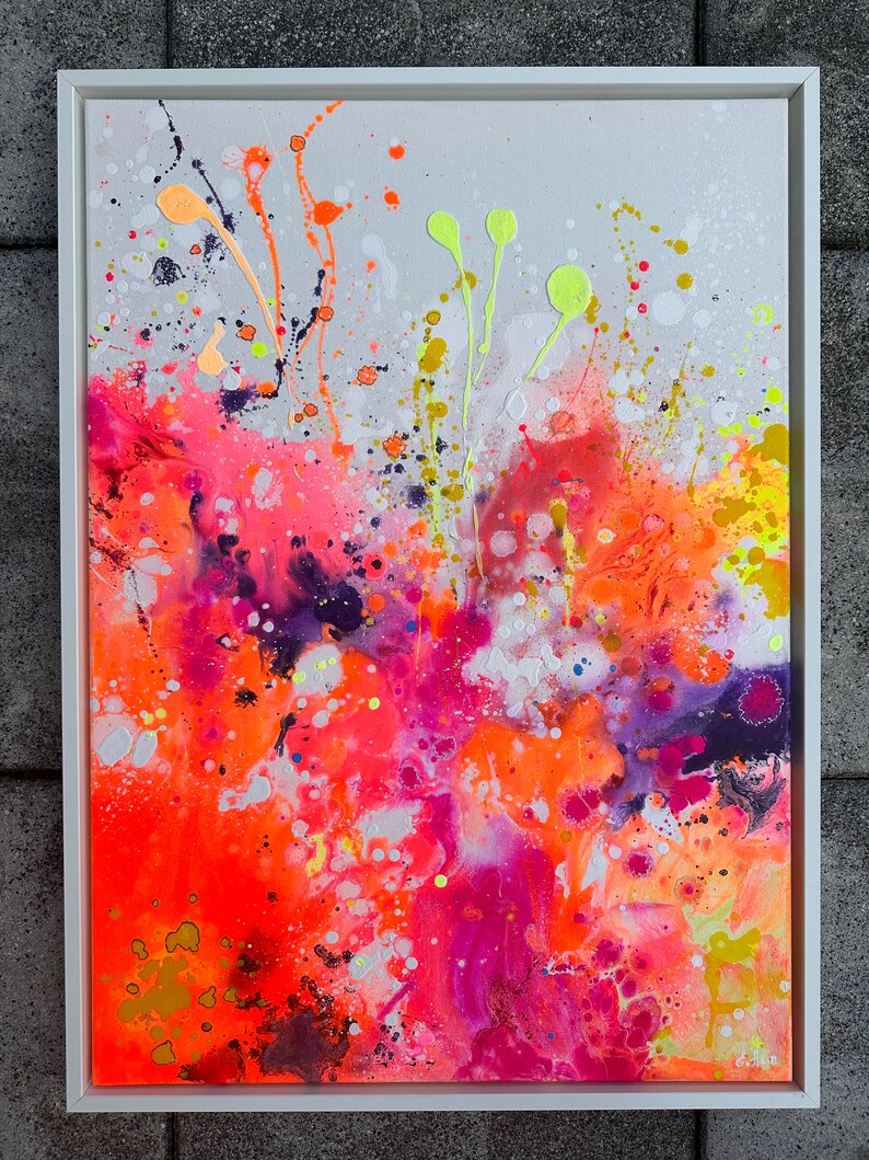Acryl Bild Abstrakt Kunstwerk auf Leinwand moderne Kunst Gemälde Frühlingshaft Malerei Farbenfroh Neon Farben Design Elenas ARTelier Gerahmt Weiß