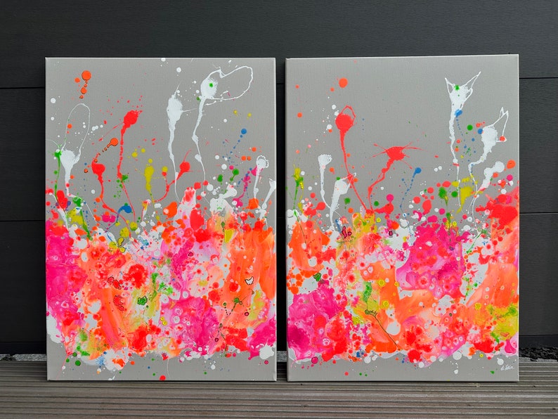 Conjunto de cuadros acrílicos de 2 pinturas en lienzo de arte abstracto dúo Colores neón Llamador de ojos colorido Diseño colorido único Elena's ARTelier imagen 2