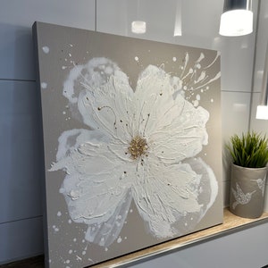 Acryl Bild Struktur Gemälde 3d Kunst Original Kunstwerk Handgemalt Leinwand Minimalistisch Art Blumen Beige Taupe Weiß Gold Unikat Malerei