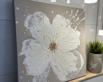 Acrylverf, textuur, 3D-kunst, origineel kunstwerk, met de hand geschilderd op canvas, minimalistische kunst, bloemen, beige, taupe, wit, goud, uniek schilderij