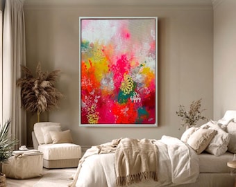 Peinture acrylique, œuvre abstraite sur toile avec citation, art moderne, peinture printanière, design néon coloré, Elena’s ARTelier