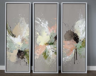 Acrylverf drieluik set abstracte kunst canvas schilderij wit beige pastel bloemenkunst blikvanger uniek kunstwerk ontwerp Elena's ARTelier