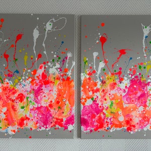 Conjunto de cuadros acrílicos de 2 pinturas en lienzo de arte abstracto dúo Colores neón Llamador de ojos colorido Diseño colorido único Elena's ARTelier imagen 5