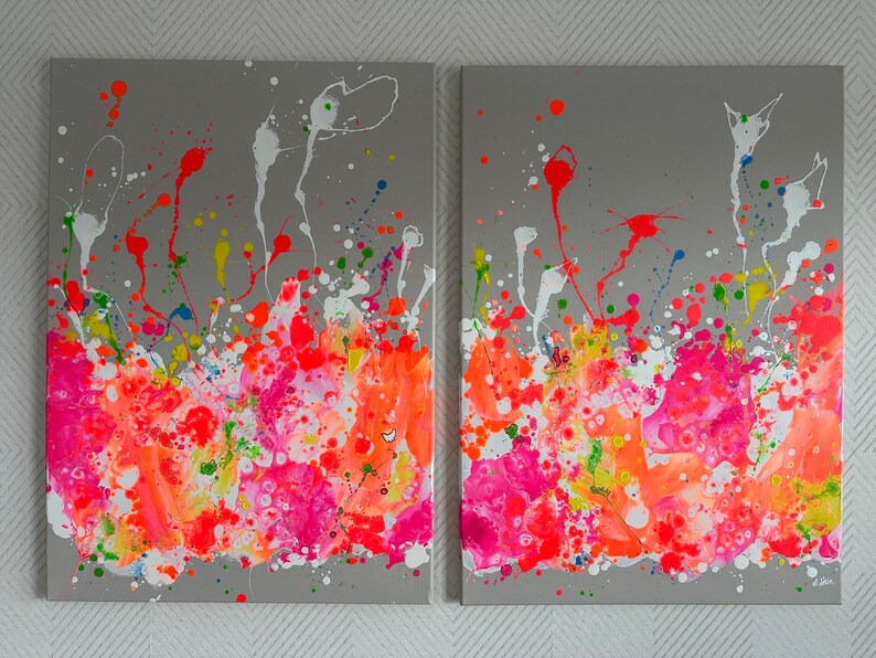 Conjunto de cuadros acrílicos de 2 pinturas en lienzo de arte abstracto dúo Colores neón Llamador de ojos colorido Diseño colorido único Elena's ARTelier imagen 5