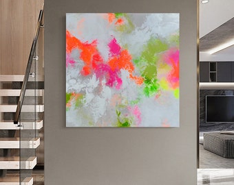 Acryl Bild Abstrakt Kunstwerk auf Leinwand 80x80 moderne Kunst Gemälde Frühlingshaft Malerei Farbenfroh Neon Farben Design Elena’s ARTelier