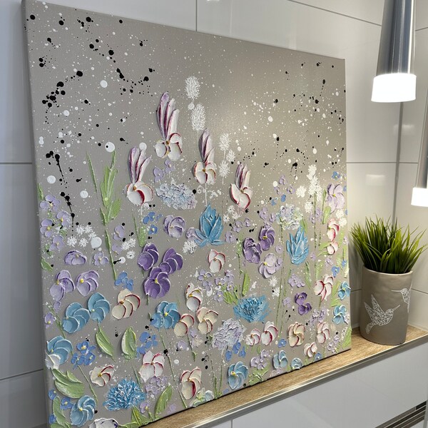 Structure picture acrylic painting 3D wall art canvas picture unique pastel flowers art romance flower motif original design Elena's ARTelier