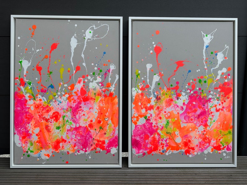 Conjunto de cuadros acrílicos de 2 pinturas en lienzo de arte abstracto dúo Colores neón Llamador de ojos colorido Diseño colorido único Elena's ARTelier imagen 7