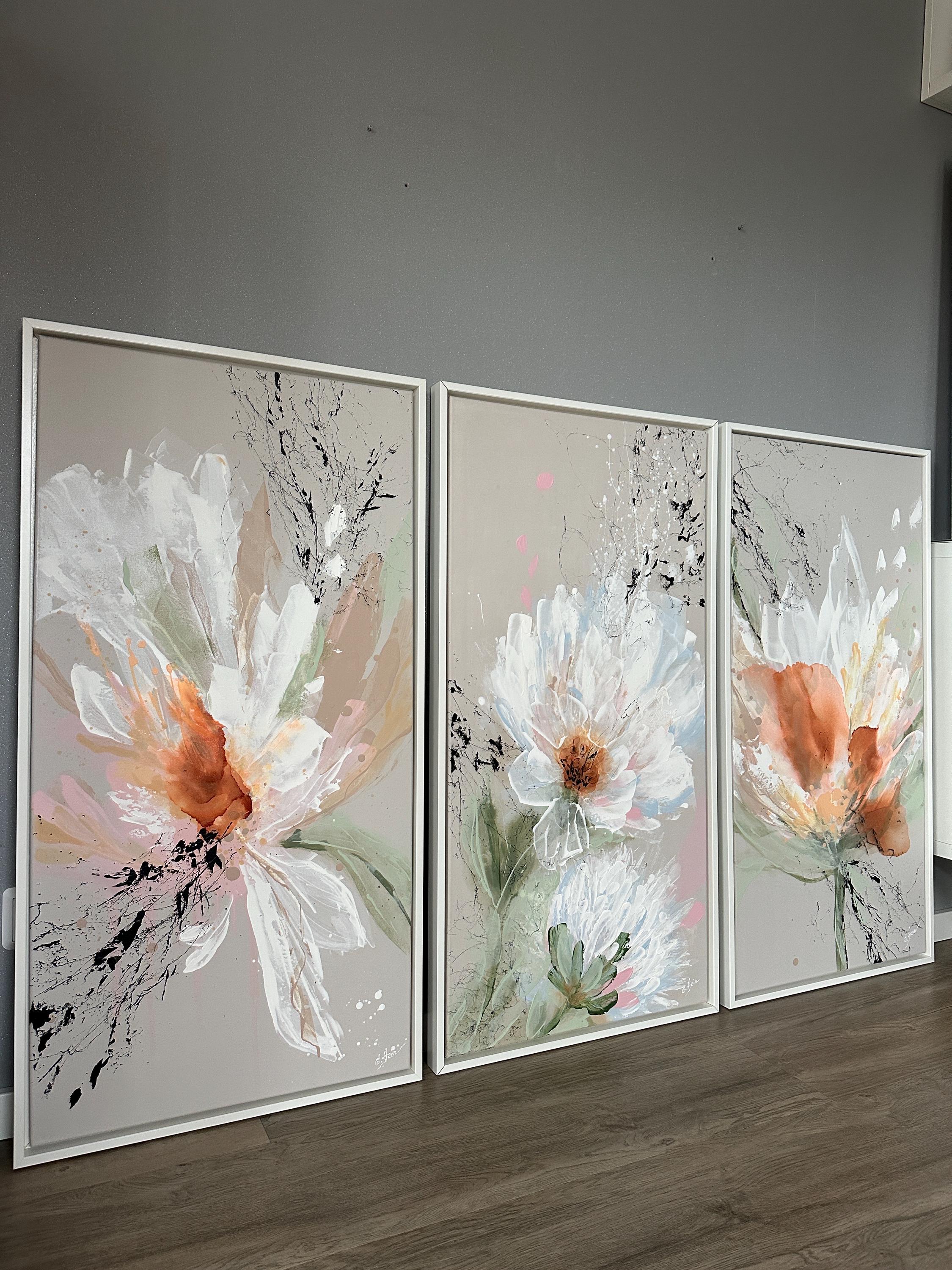 Acrylic Pictures Triptych Set of 3 Abstract Art Canvas Painting White Beige Pastel Flower Eyecatcher Unique Artwork Design Elena’s ARTelie