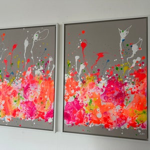 Conjunto de cuadros acrílicos de 2 pinturas en lienzo de arte abstracto dúo Colores neón Llamador de ojos colorido Diseño colorido único Elena's ARTelier imagen 8