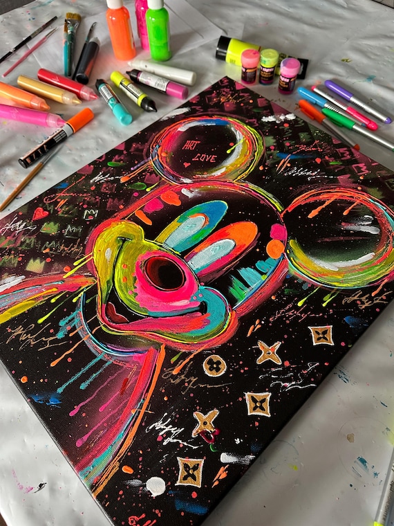 YS-Art Cerchio nero arte astratta «Bellezza celeste» | Quadri acrilici su tela wohndecor | Dipingere la luce al buio | Arte fosforescente | Acrilico astratto Vernice rotonda luminosa KL007