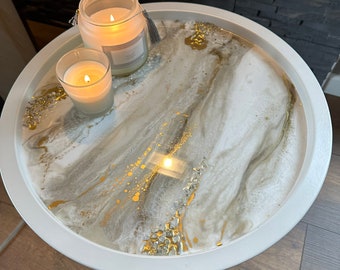 Beistelltisch Couchtisch Resin Table Epoxidharz Design Stück Weiß Gold marmoriert Einzelstück Tablett abnehmbar Wohnzimmer Accessoires